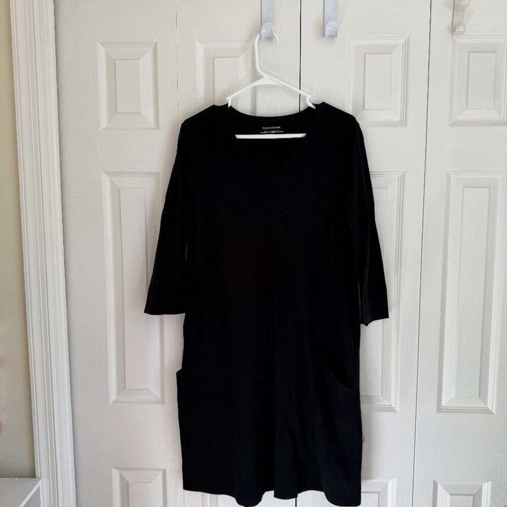 Eileen Fisher Organic Cotton Stretch V-Neck 3/4 Sleeve Pocketed Waistless Dress
